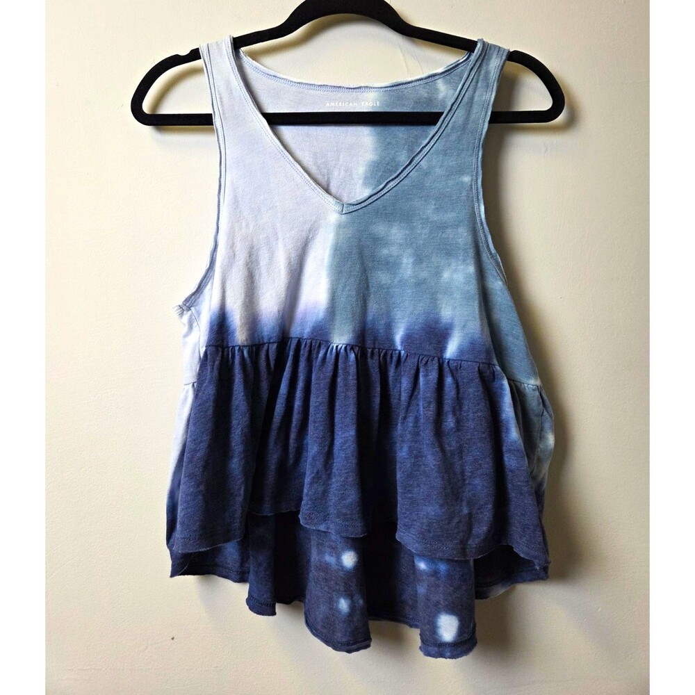 American Eagle Women's Blue White Tie-Dye Ruffle Hem V-Neck Tank Top XS